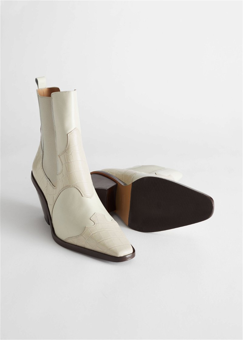 & OTHER STORIES Square Toe Leather Cowboy Boots in Light Beige | Endource
