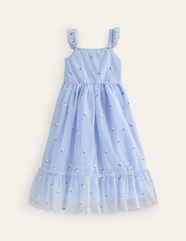princess polly baby blue dress Blue KarenMillen Dark Floral Tulle Plunge Balloon Sleeve Maxi Dress main image 1