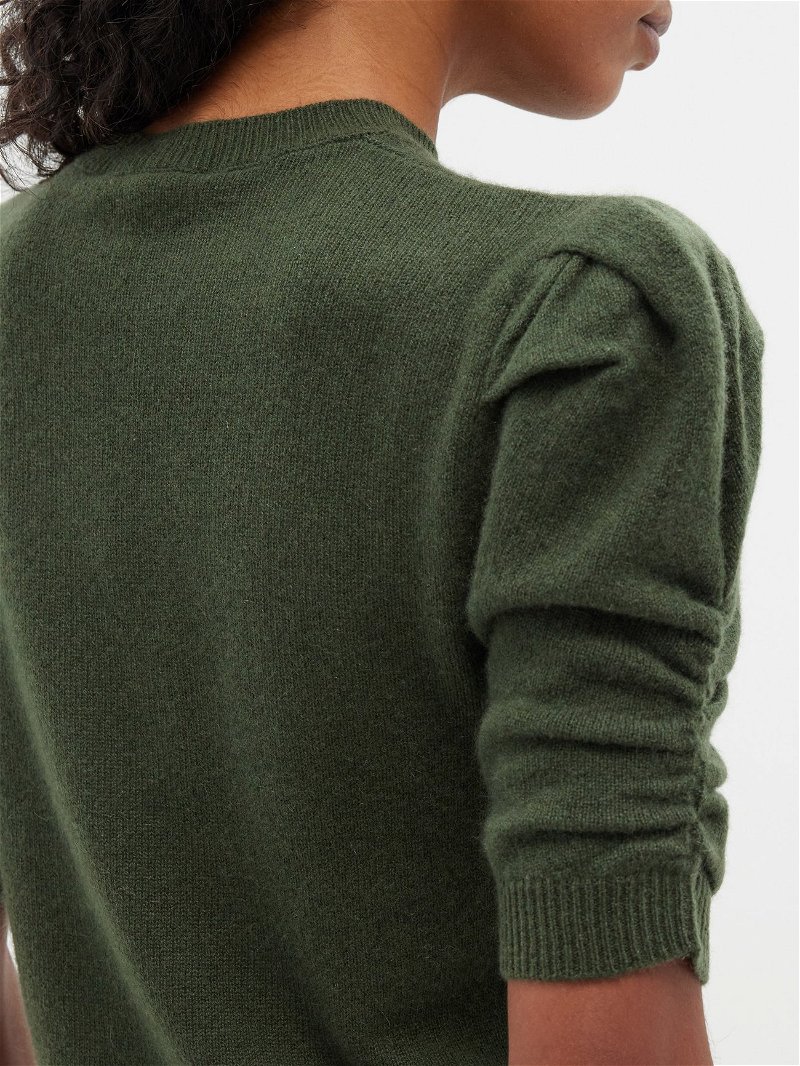 FRAME Ruched-Sleeve Recycled-Cashmere Blend Sweater in Green