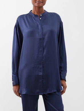 Asceno Paris Striped Silk Pajama Shirt in Blue