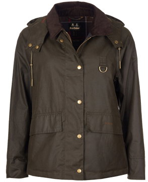 Olive green Barbour waxed jacket with hood and detailing