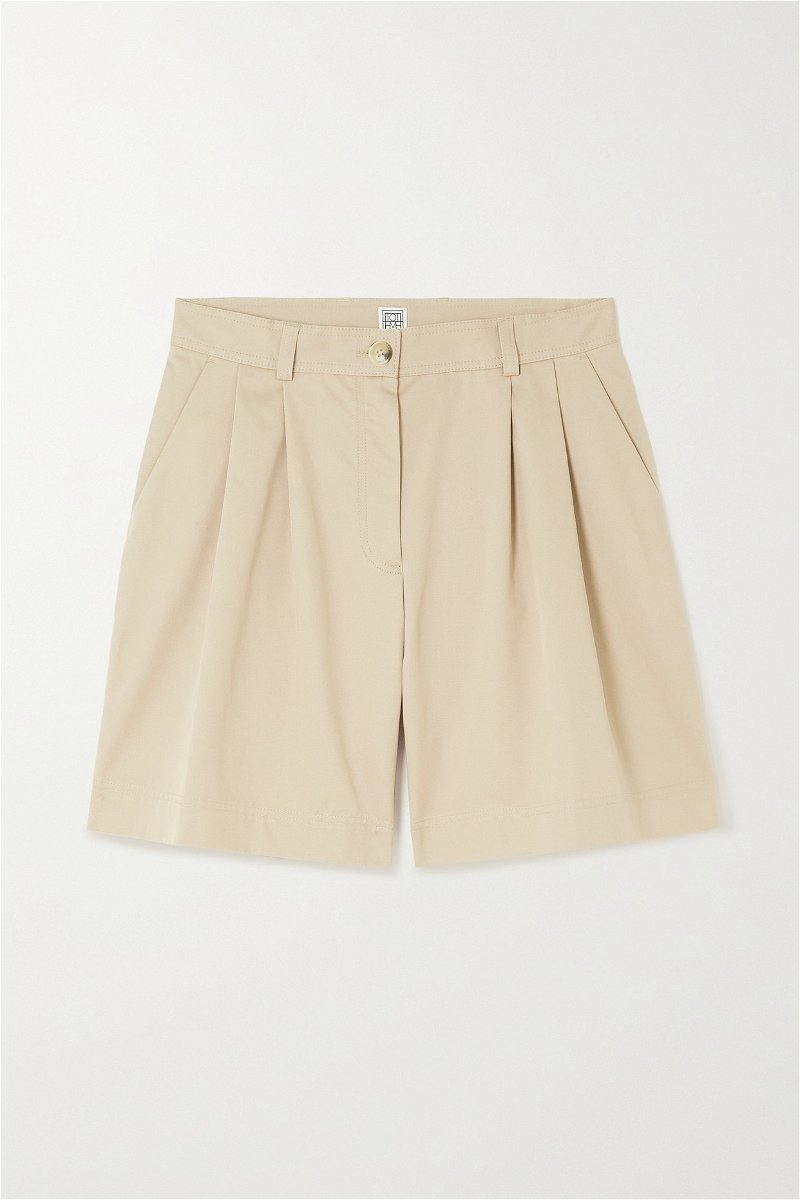 Shop Buckle tab stretch cotton twill pleated shorts