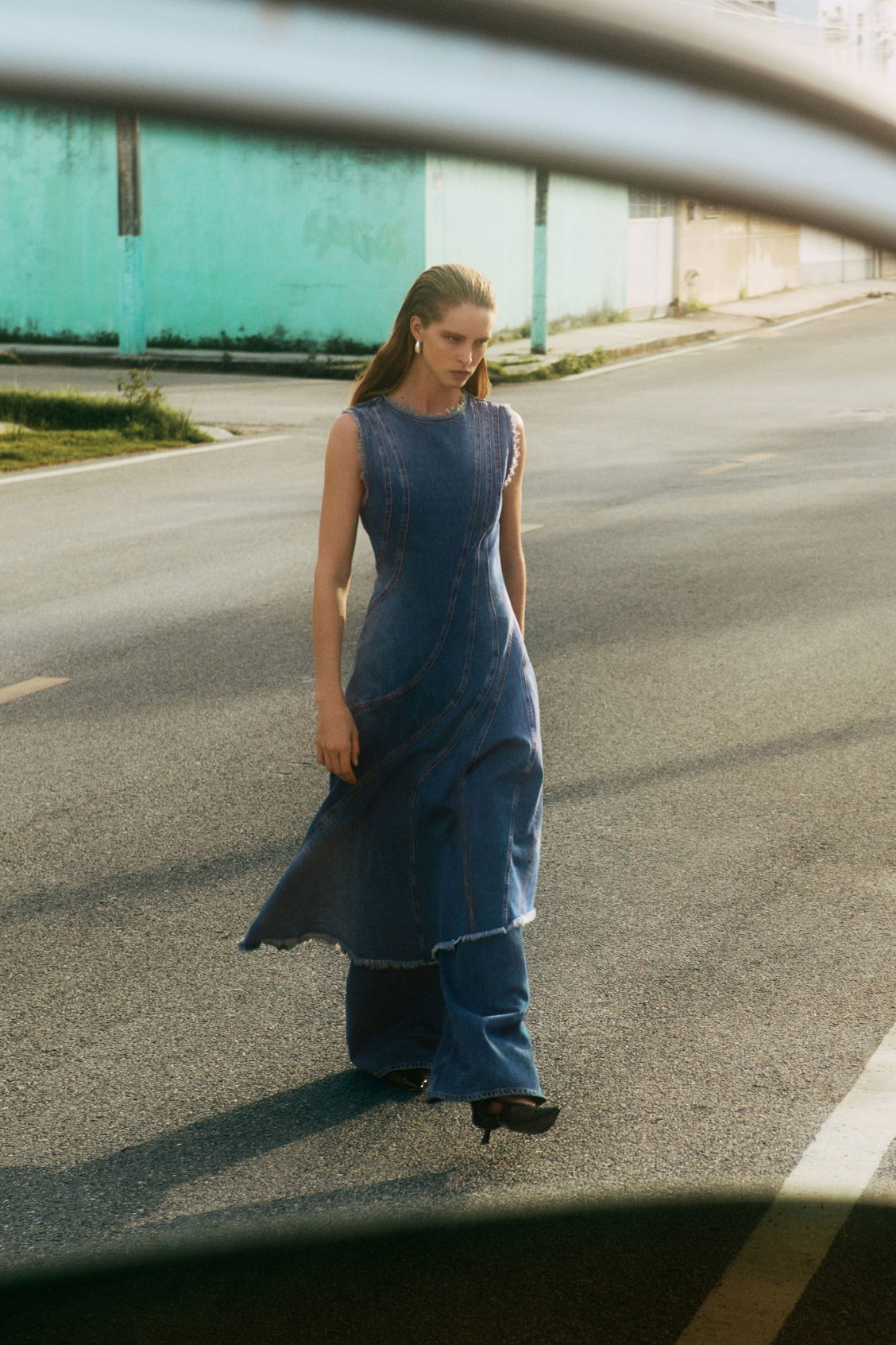 COS Asymmetric Panelled Denim Midi Dress