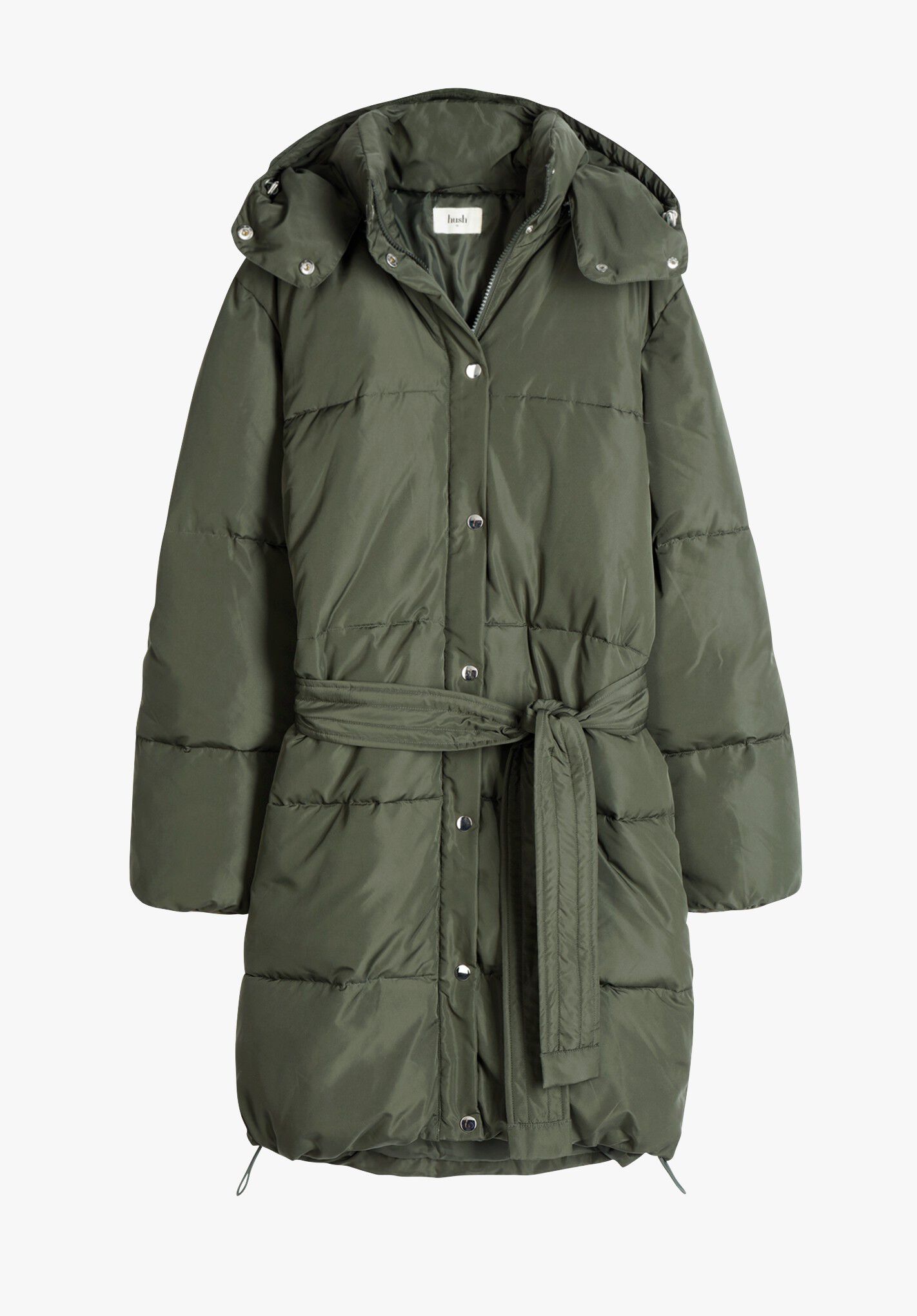 HUSH Alianna Hooded Puffa Jacket in Khaki Green | Endource