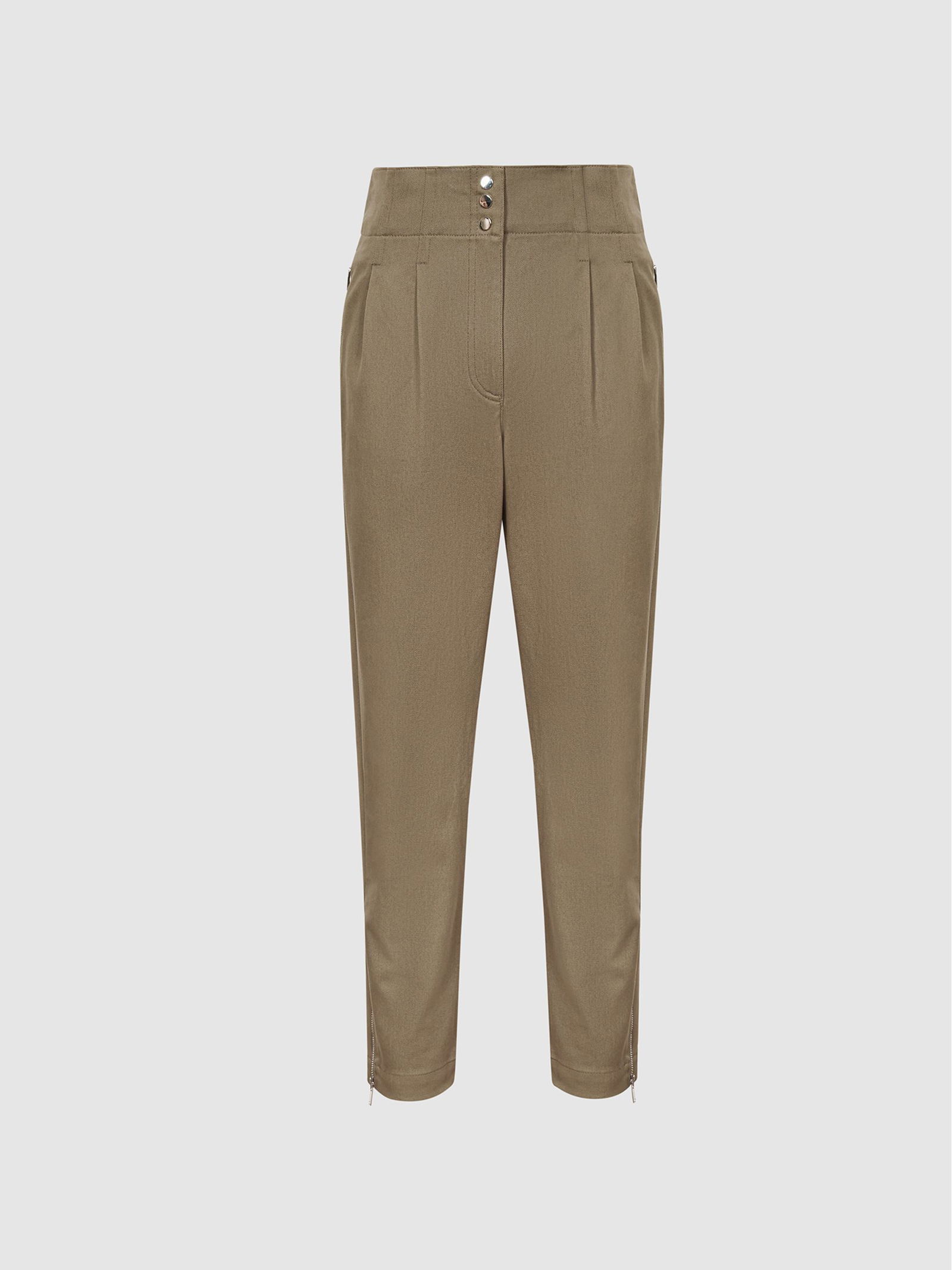 REISS Serina Cotton Pleat Front Cargo Trousers in Khaki | Endource