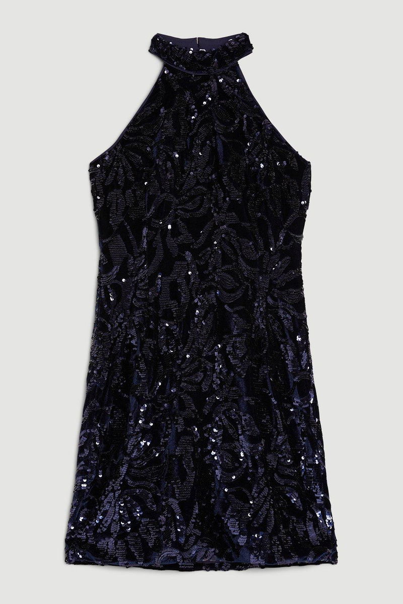 Velvet Sequinned Halter Woven Mini Dress