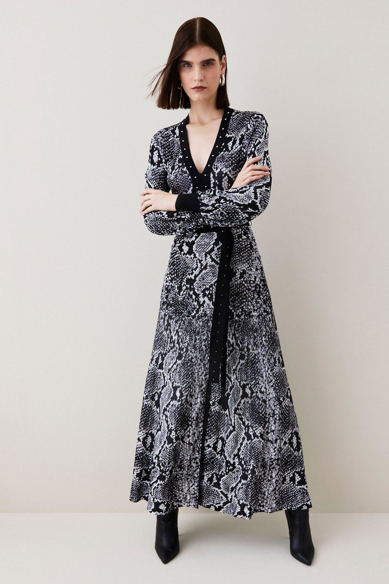 KAREN MILLEN Space Dye Slinky Knit Animal Jacquard Maxi Dress | endource