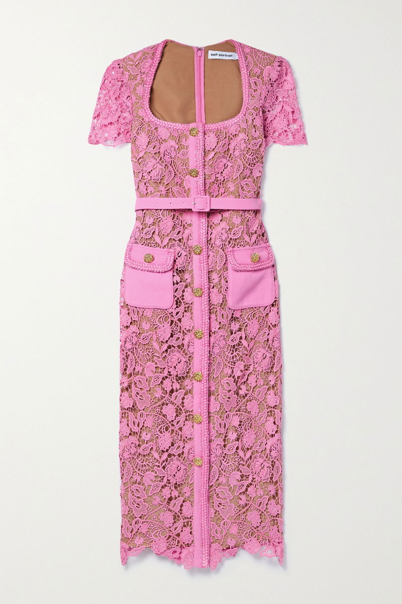 SELF-PORTRAIT Button-Embellished Belted Guipure Lace Midi Dress | endource