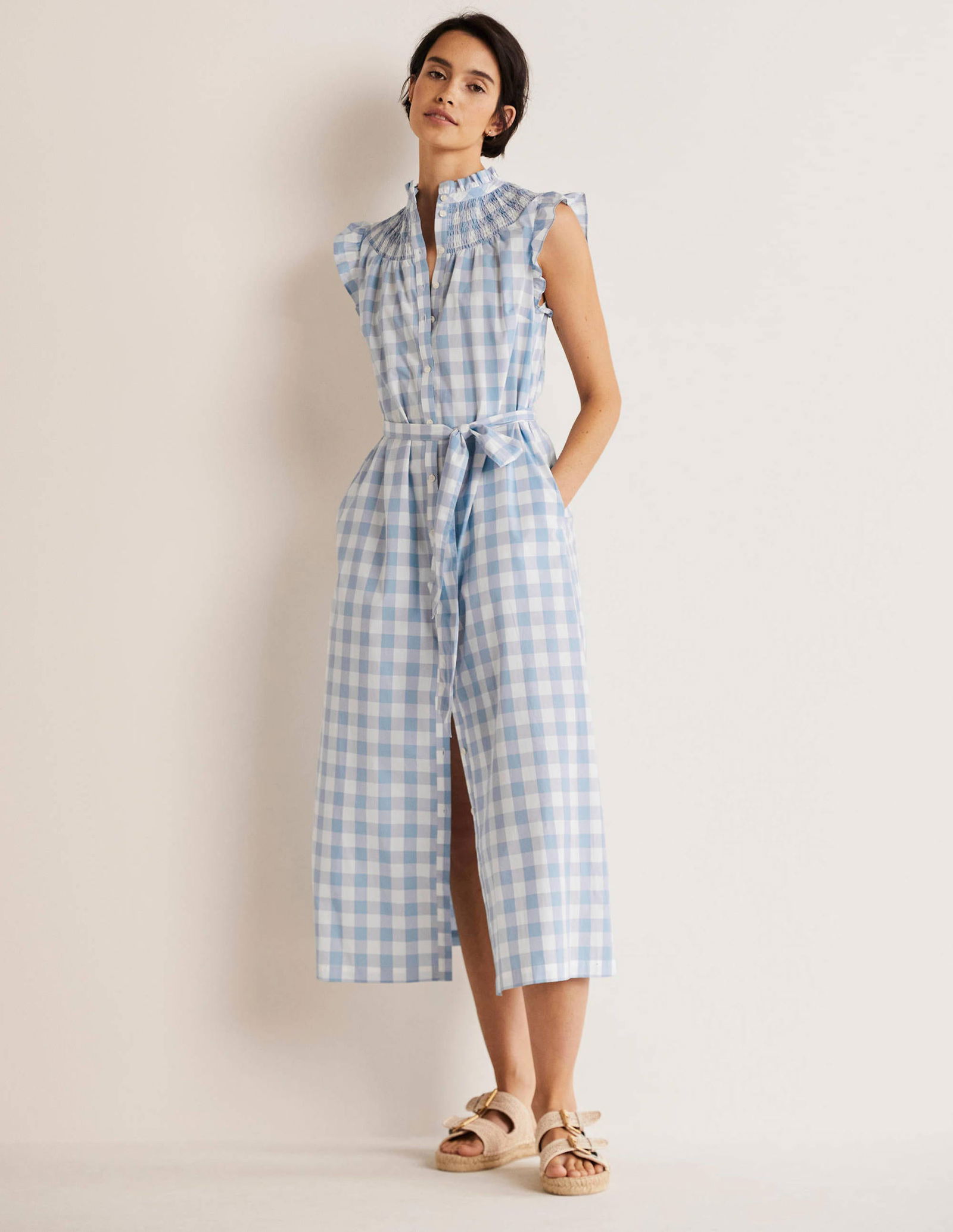 knee length dresses for ladies Smocked Jersey Midi Dress-Promenade Green, Bloom Scatter