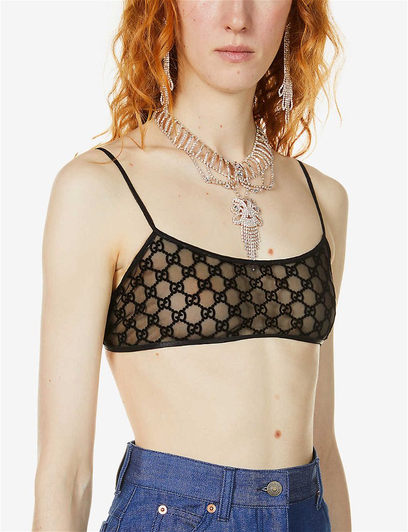 GUCCI Logo-Embroidered Stretch-Mesh Lingerie Set in BLACK