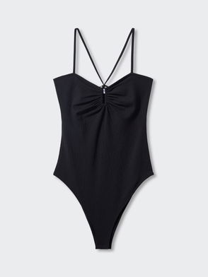 MANGO Xgarbo Plunge Neck Bodysuit in Black