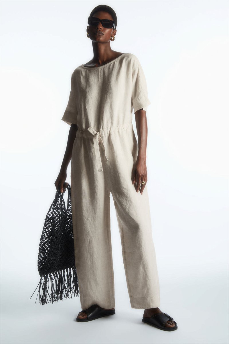 COS Drawstring-Waist Linen Jumpsuit in BEIGE