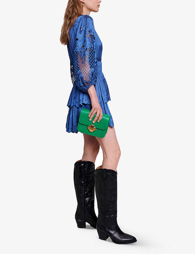 MAJE Rudmi Ruffled Embroidered Satin Mini Dress | endource