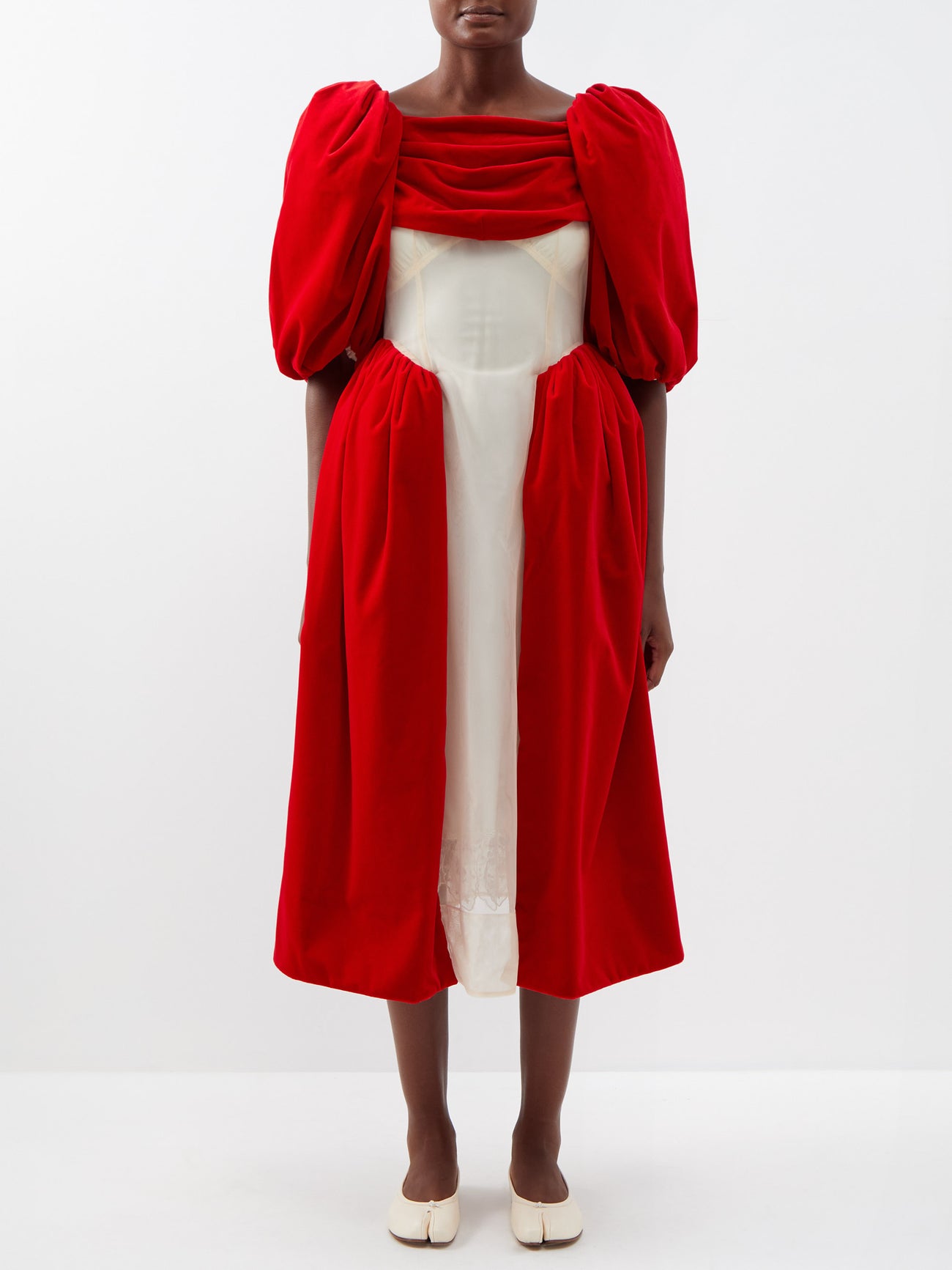 simone rocha puff sleeve red organza dress Simone Rocha Puff-sleeved Organza-insert Cotton-velvet Dress In Red