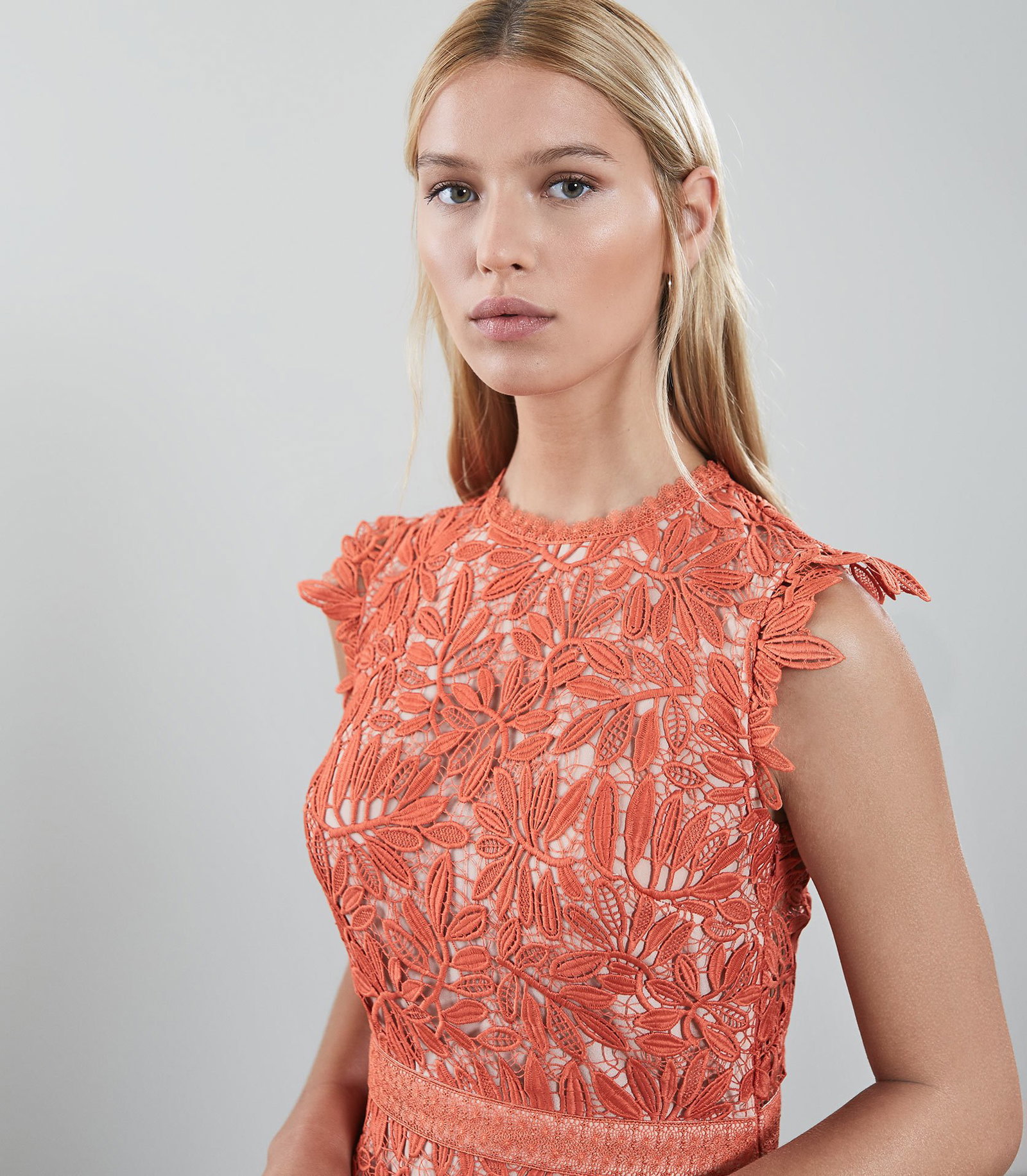 short tan lace dress Cream Eyelash Lace Overlay Mock Neck Mini Dress main image 1