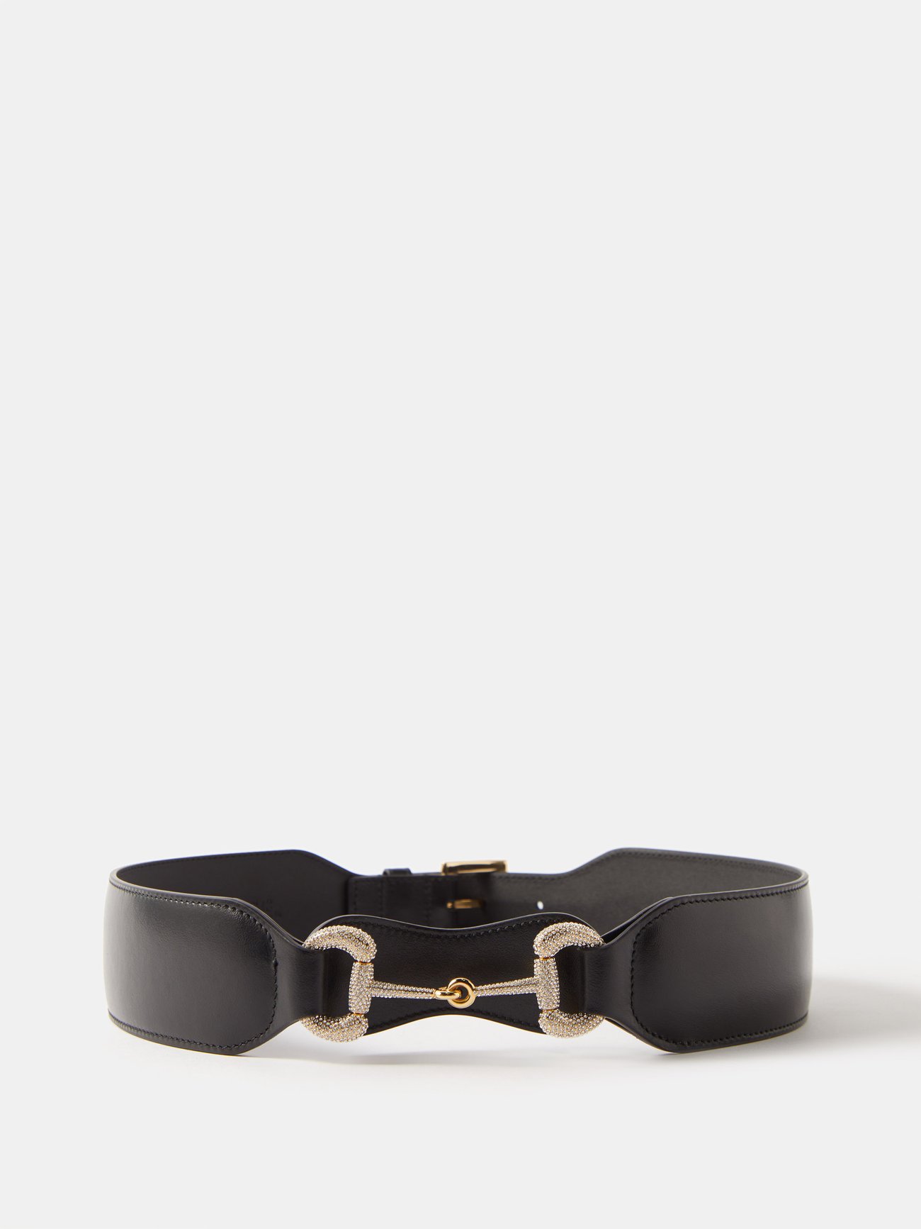 Gucci Plutone Calf Leather Belt with Crystal Horsebit Detail - Black/Gold GUCCI Plus G Brass Buckle Gold Silver Waist Belt Black  main image 4