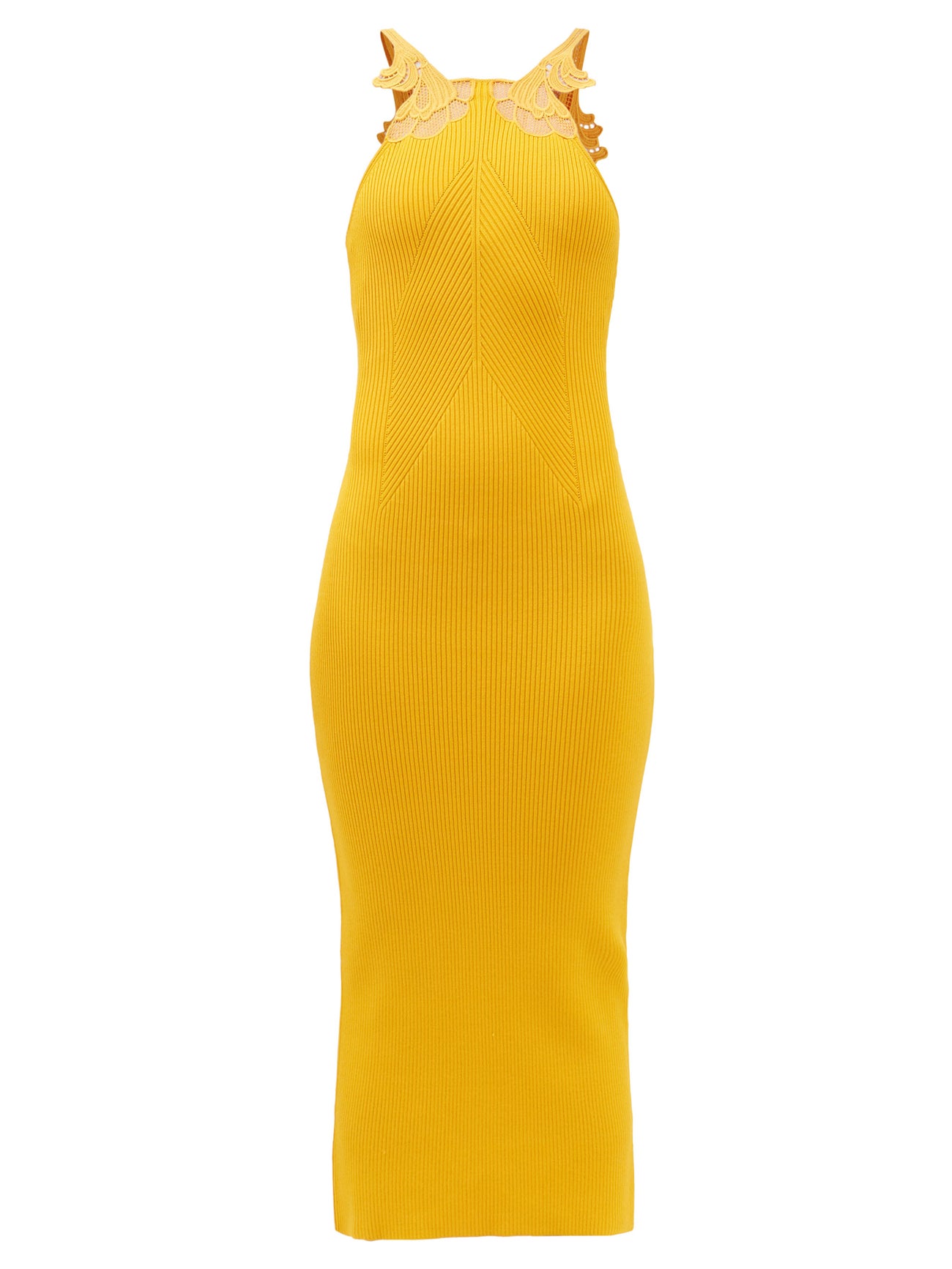 self portrait yellow knit lace insert midi dress Buy SELF-PORTRAIT Lace-Insert Rib-Knitted Beaded Embellishments
