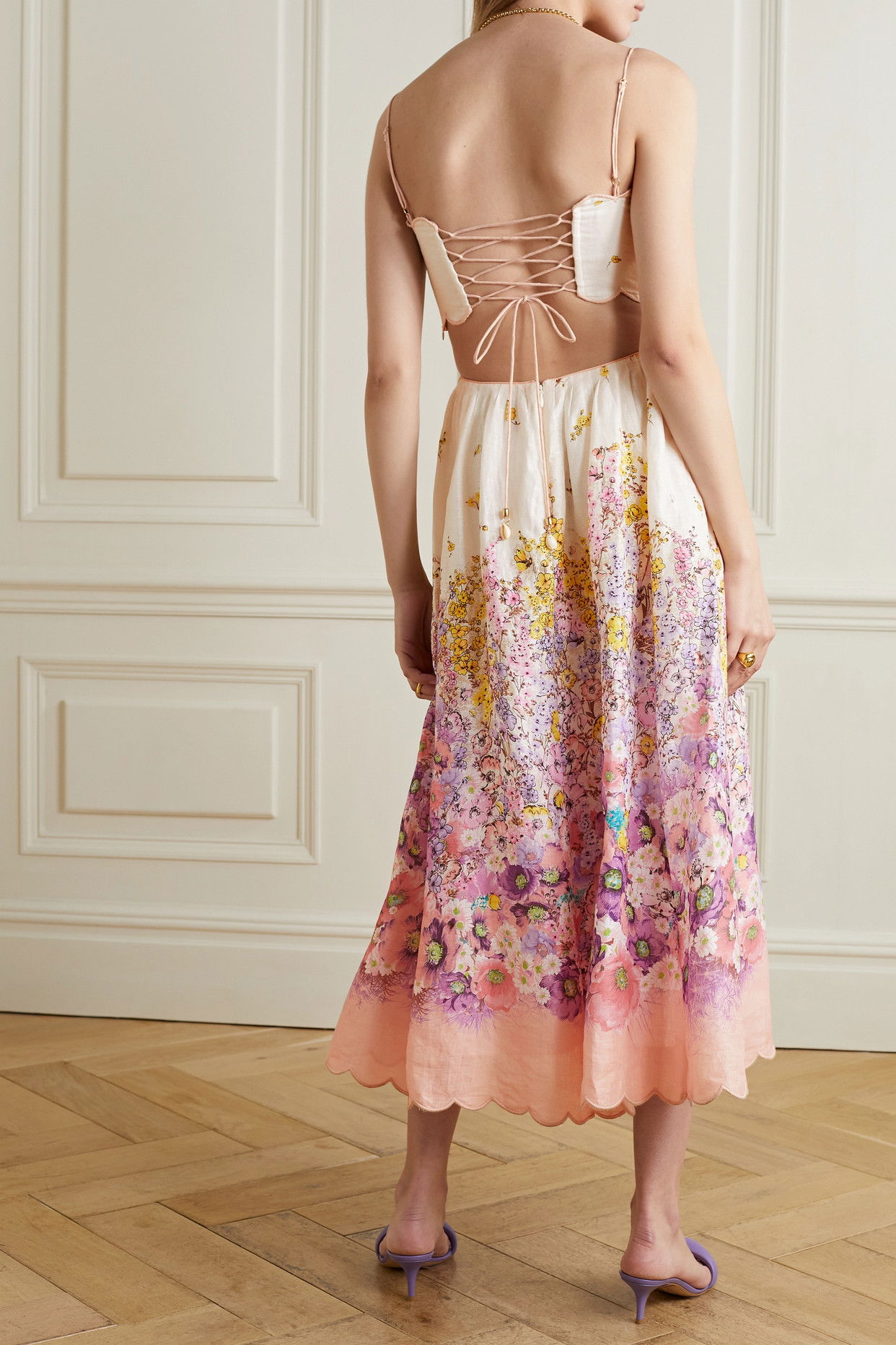 ZIMMERMANN Jude Lace-Up Cutout Scalloped Floral-Print Linen Midi Dress |  endource