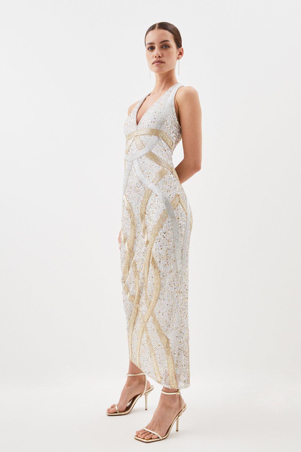 KAREN MILLEN Petite Crystal Embellished Halter Midi Dress in Ivory ...