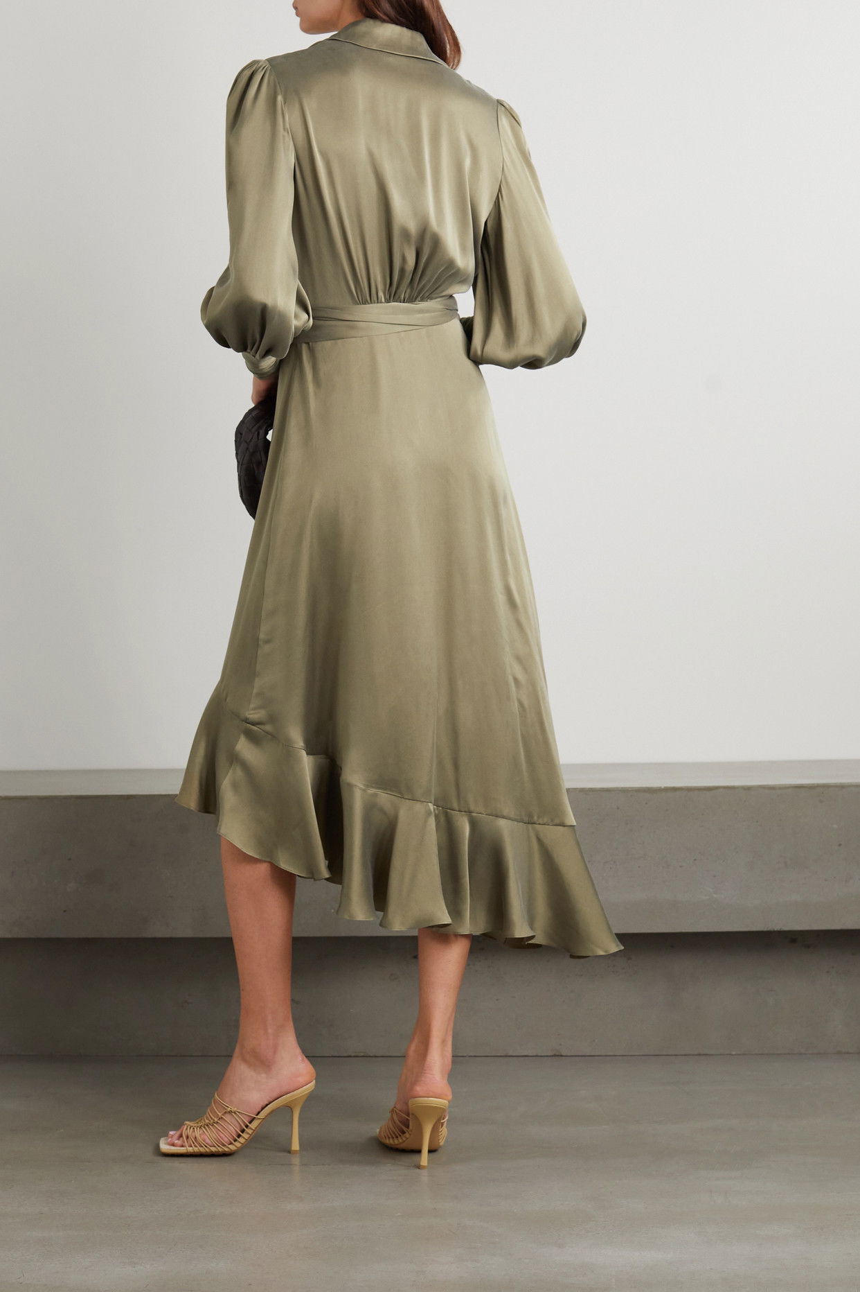 zimmermann ruffled silk satin wrap dress Zimmermann Sage Green Satin Asymmetric Ruffled Wrap Dress M