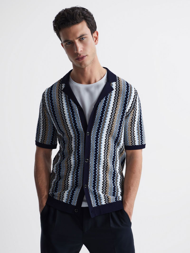 REISS Gibbon Cuban Collar Striped Button Through Shirt in Navy | Endource