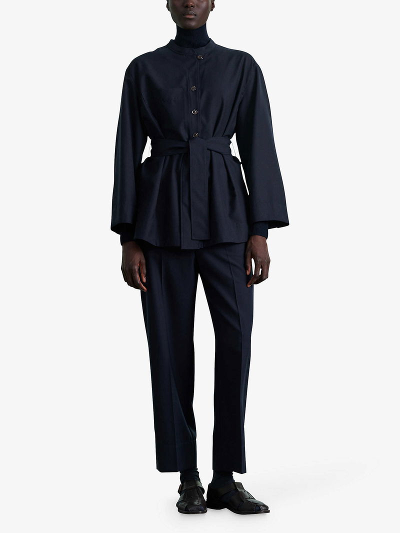 SOEUR Tabata Belted Wool-Blend Shirt in Blue | Endource