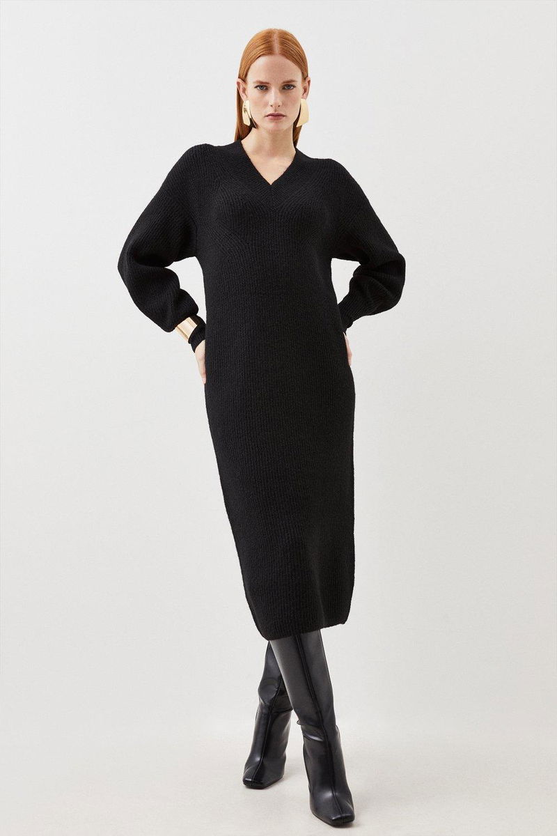 KAREN MILLEN Wool Blend Cosy V Neck Knit Midi Dress endource
