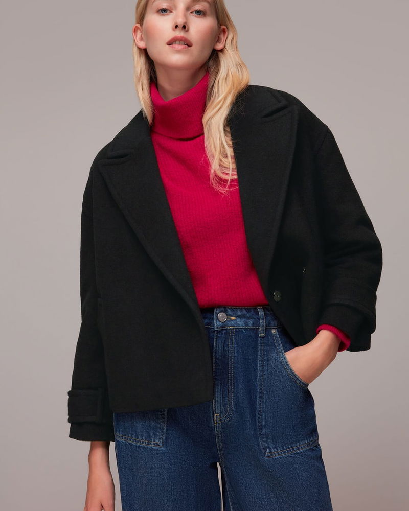 WHISTLES Relaxed Cropped Wool Coat in Black