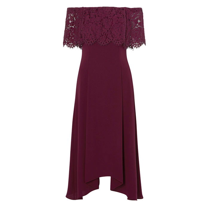 coast red bardot dress New COAST Maddie Merlot/Burgundy Lace Bardot Off Shoulder Maxi Dress Size S