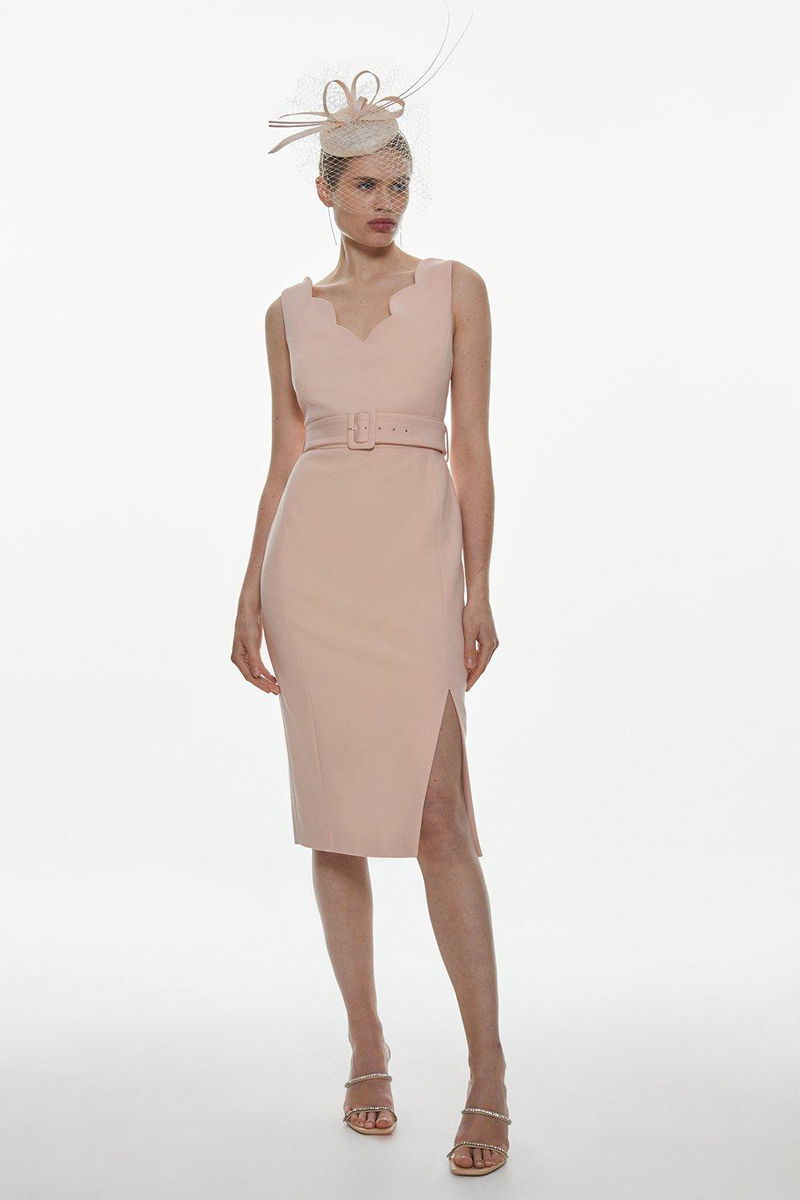 KAREN MILLEN Compact Stretch Scallop Detail Midi Dress in Blush