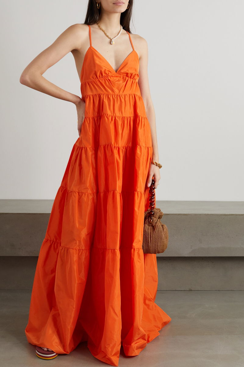 open lace back dress IZA ORANGE RUFFLE MAXI DRESS  OFUURE