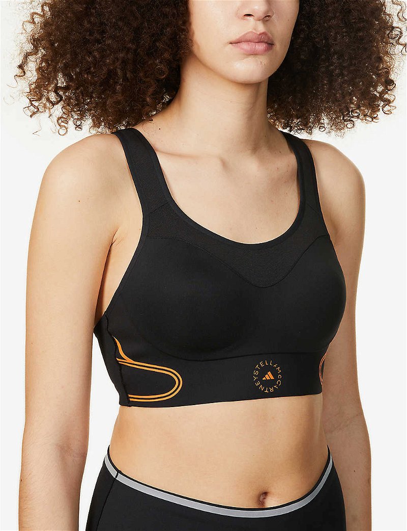 ADIDAS BY STELLA MCCARTNEY Logo-Print Stretch-Recycled Polyester Sports Bra  in BLACK