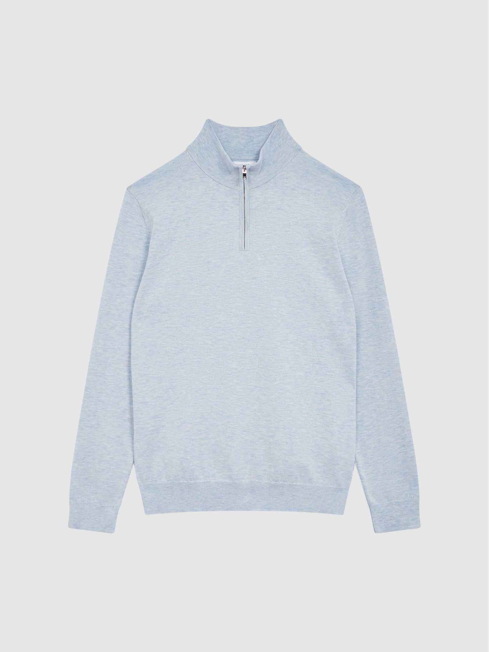 REISS Bond Half Zip Funnel Neck Cotton Jumper in Sky Blue Melange
