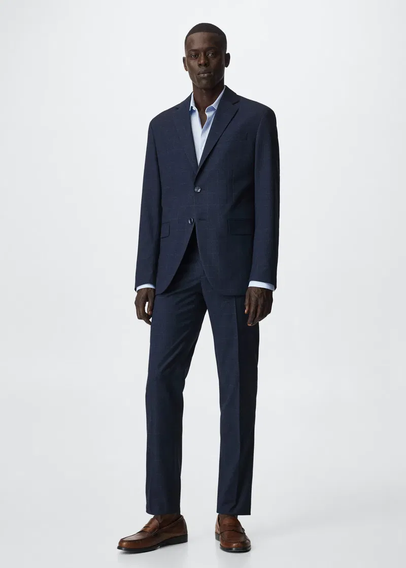 MANGO Slim Fit Check Suit Blazer in Dark Navy