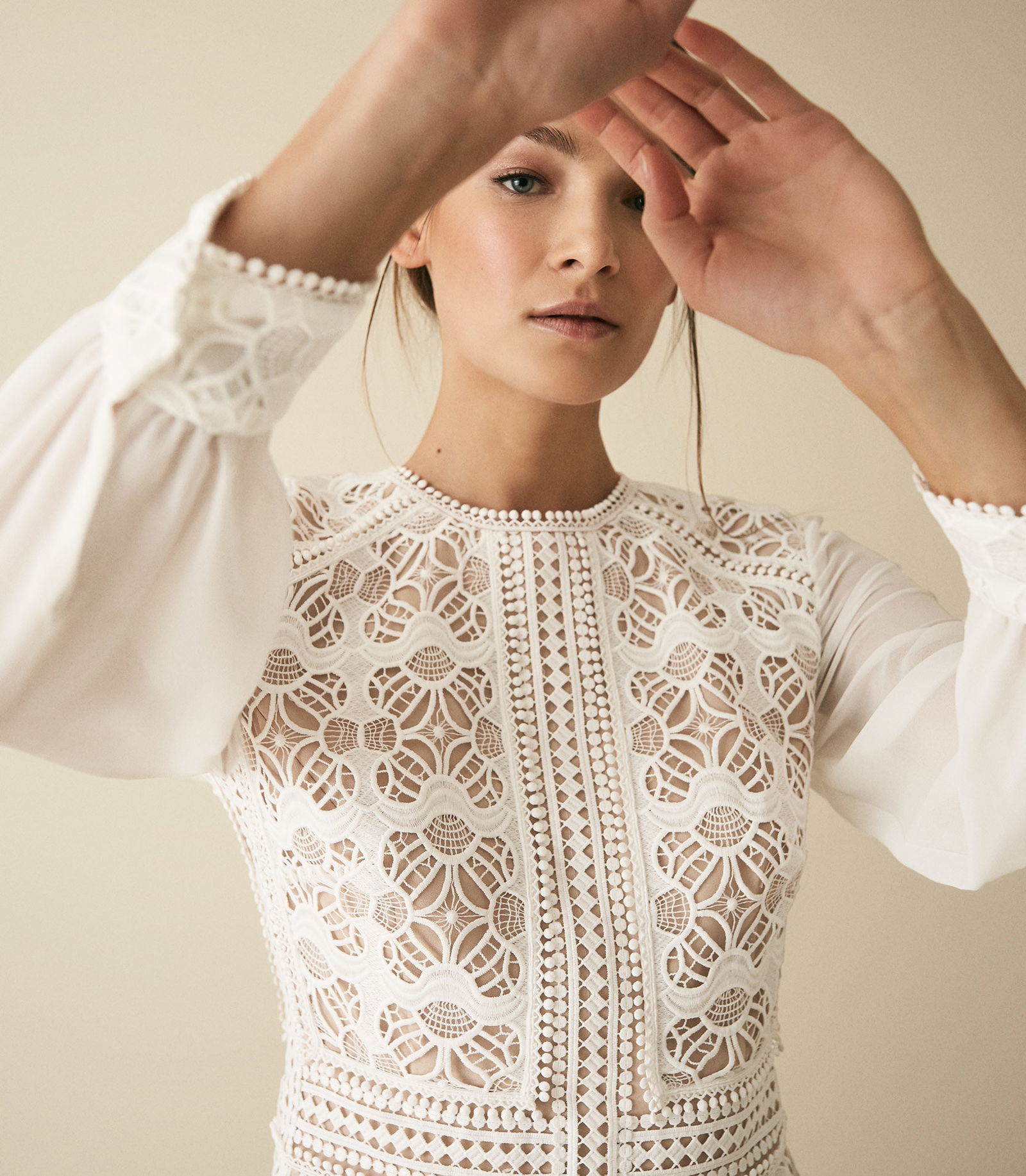 REISS Aria Geometric Lace Dress with Sheer Sleeves | endource
