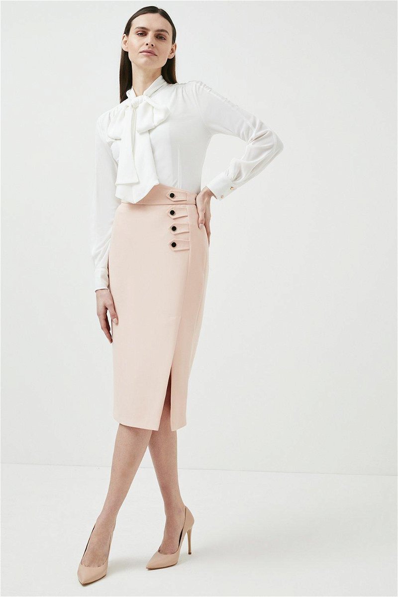 Compact Stretch Button Tab Pencil Skirt
