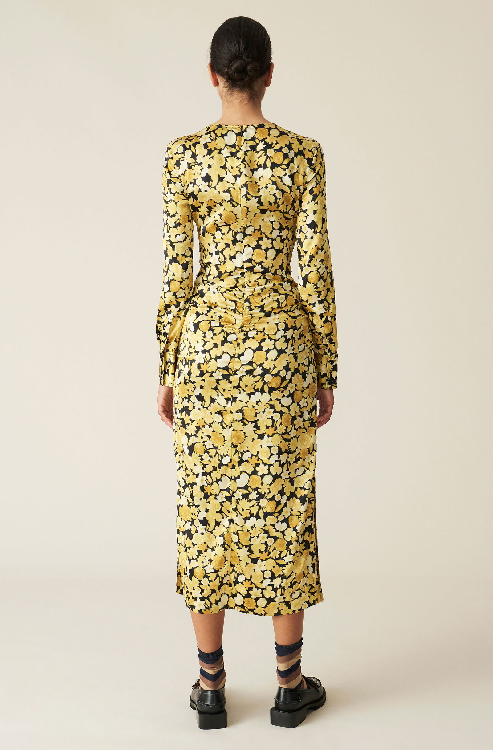 ganni ruched floral-print stretch-silk satin midi dress GANNI Ruched Floral-Print Stretch-Silk Satin Midi Dress