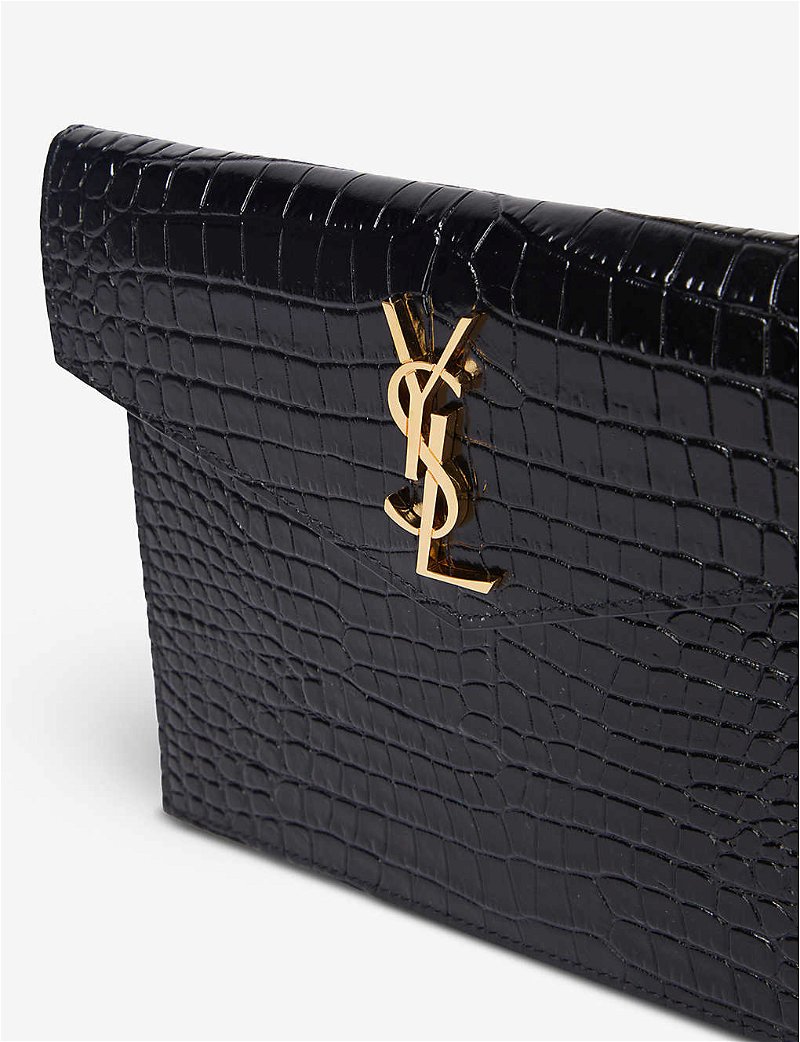 SAINT LAURENT UPTOWN BABY POUCH IN BLK SHINY CROC EMBOSSED LEATHER