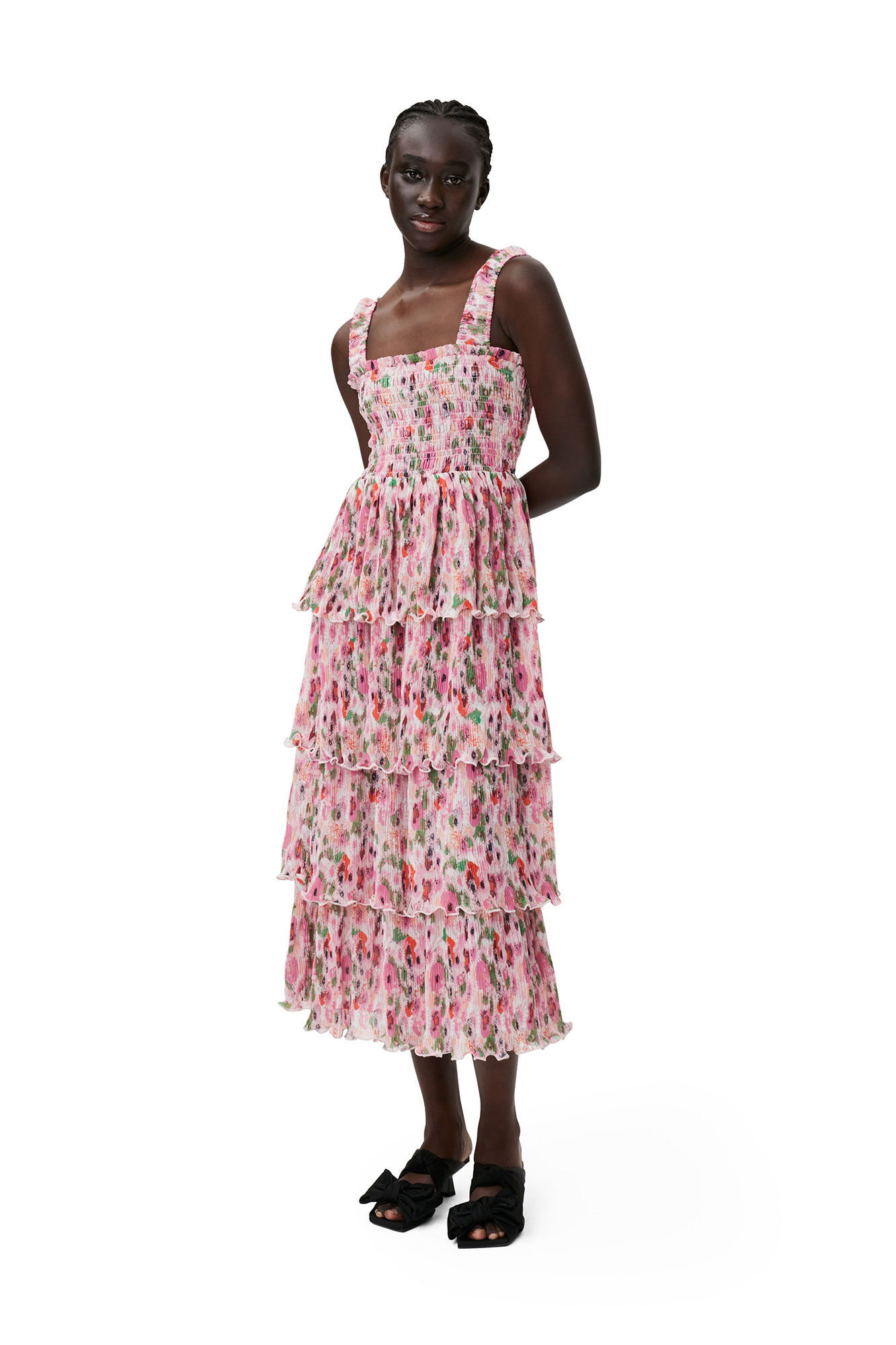 knee length dresses for ladies GANNI dreamy maxi long pleated Georgette dress in pastel floral print –  BOREAL REBORN