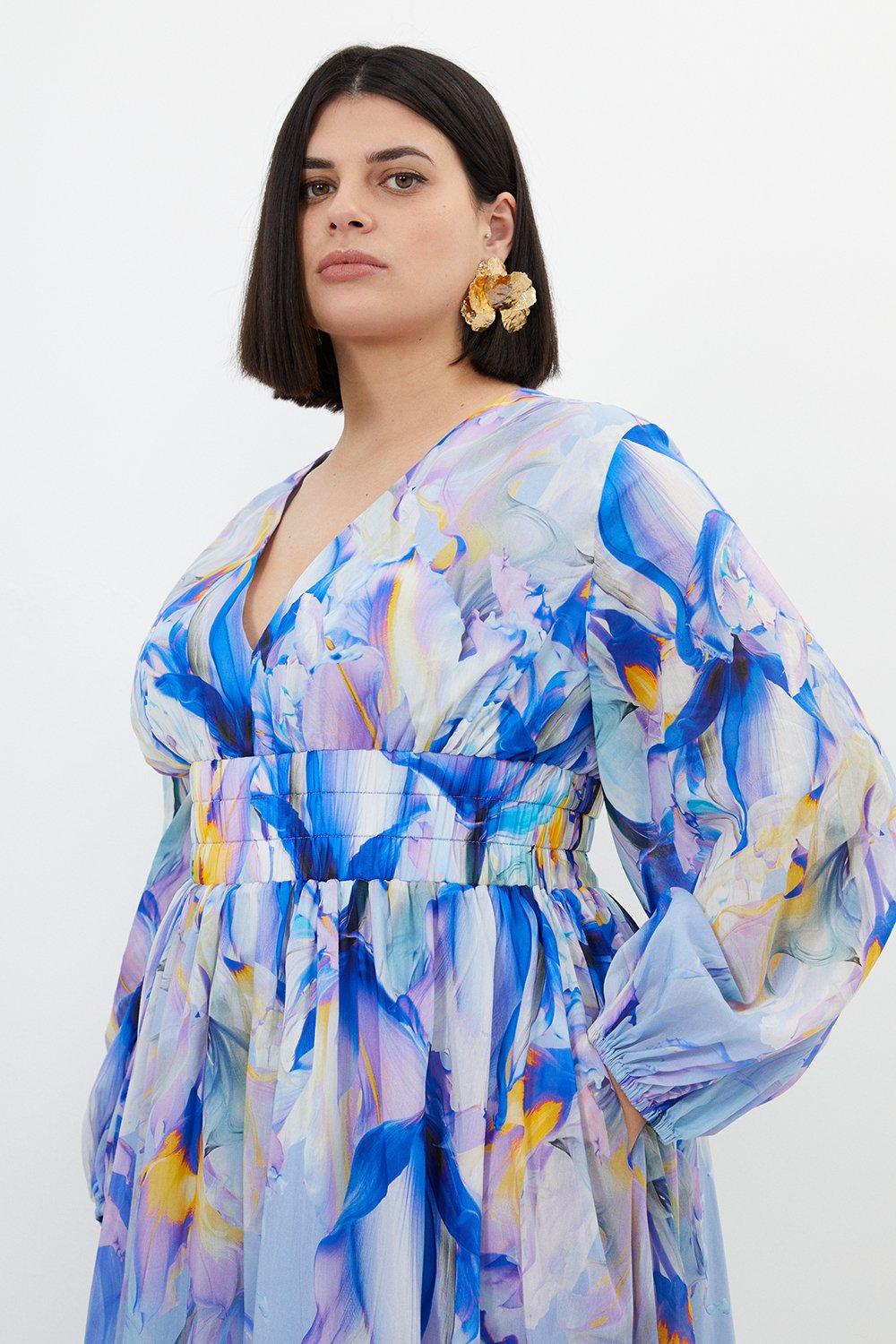 KAREN MILLEN Plus Size Ombre Floral Silk Cotton Plunge Maxi Dress | endource