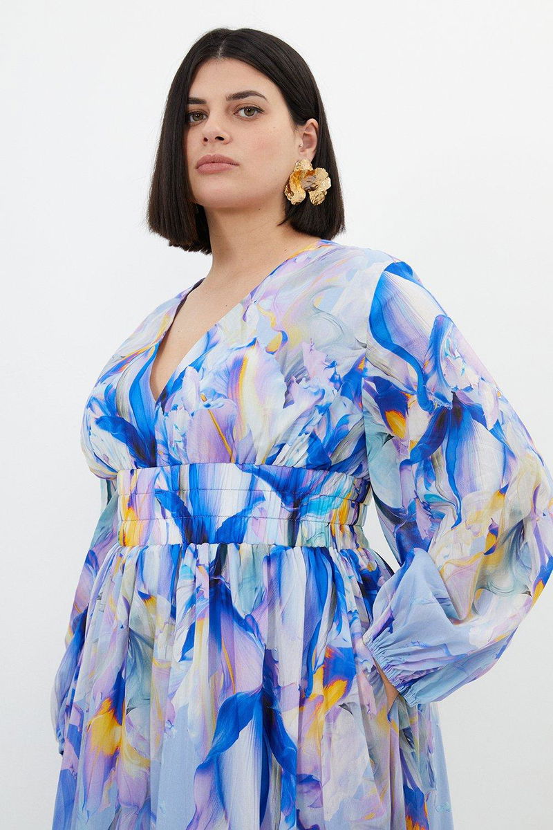 KAREN MILLEN Plus Size Ombre Floral Silk Cotton Plunge Maxi Dress | endource