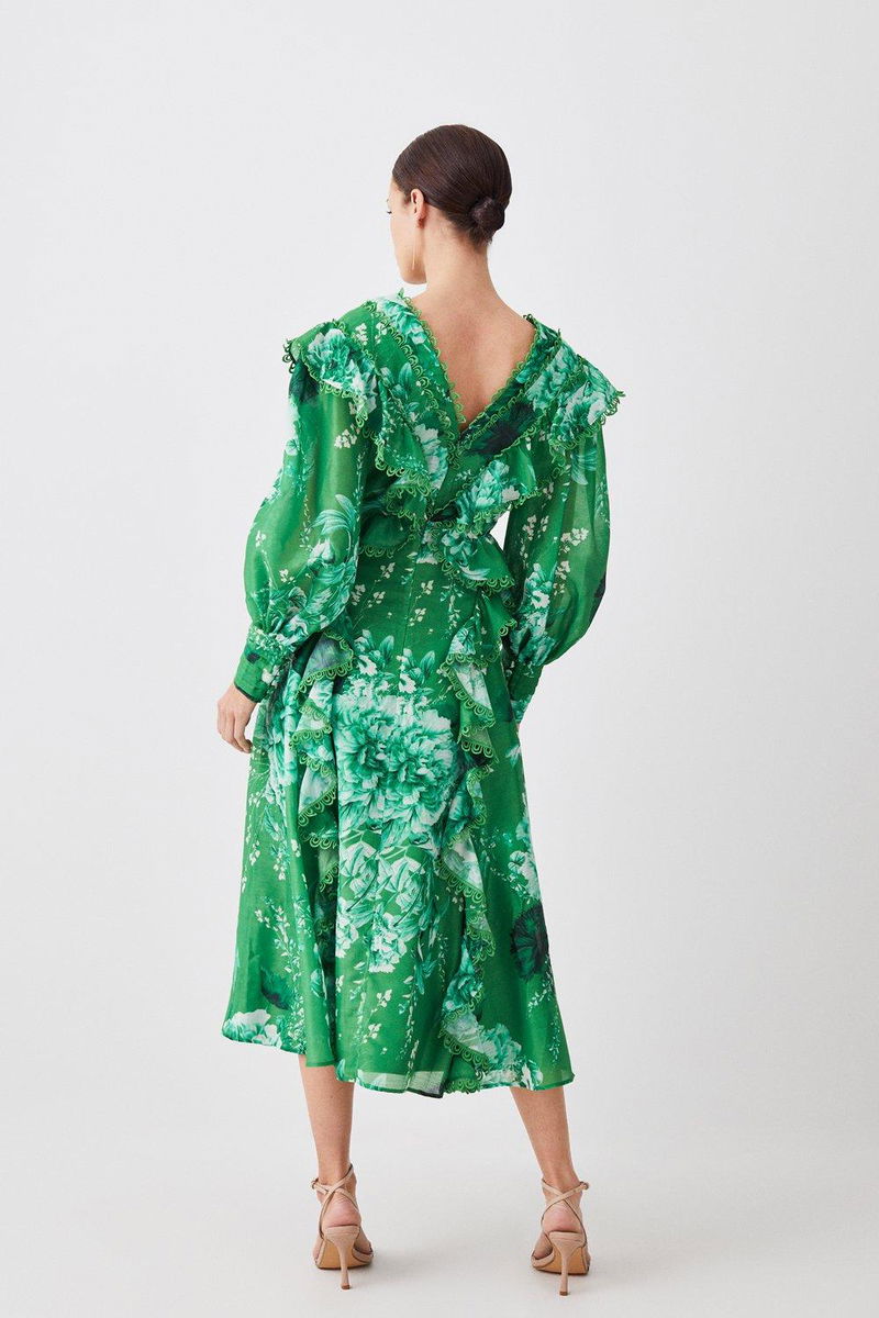chinese dress ladies KAREN MILLEN Size 4 Black Green White Acetate Blend Abstract Mesh Sleeves  Dress