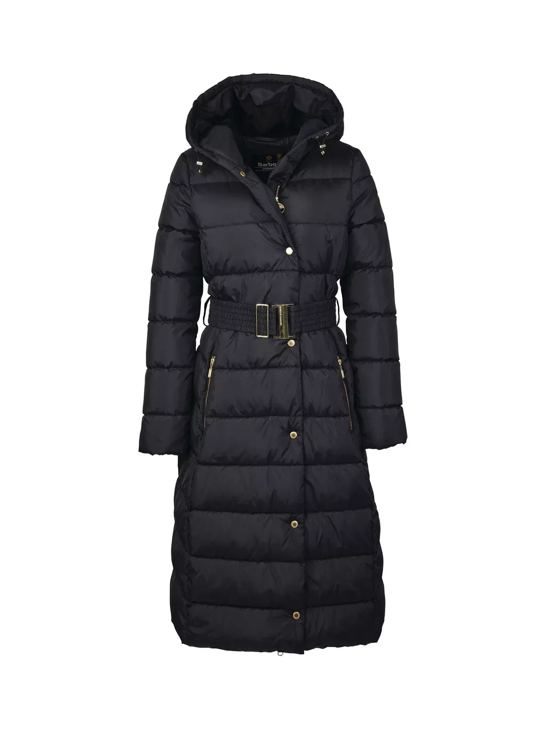 BARBOUR Track Line Long Quilted Hooded Coat in Black | endource