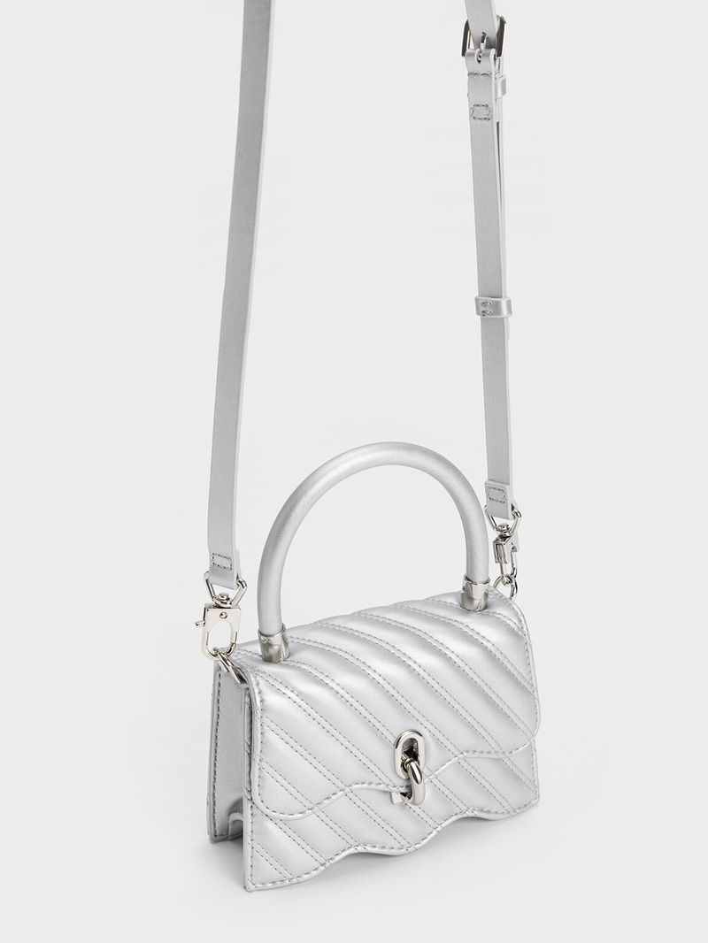 CHARLES & KEITH Freja Wavy Quilted Top Handle Bag in Silver Endource