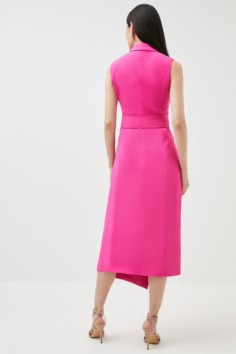 knee length dresses for ladies Karen Millen Pink Compact Stretch Viscose Tie Neck Tailored Full Skirted Midi  Dress UK 6