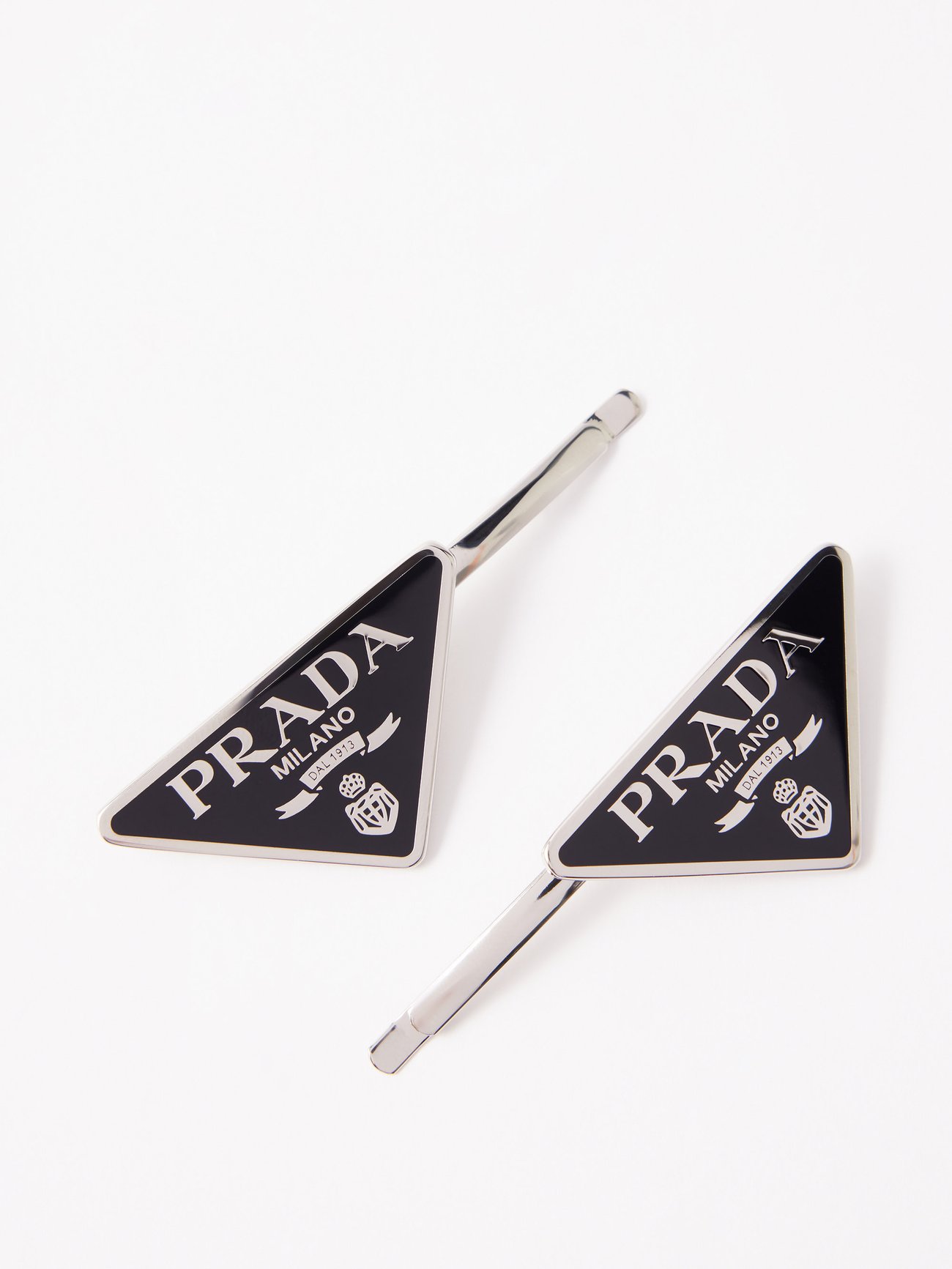 PRADA Set Of Two Enameled Logo-Plaque Hair Pins in Black | endource