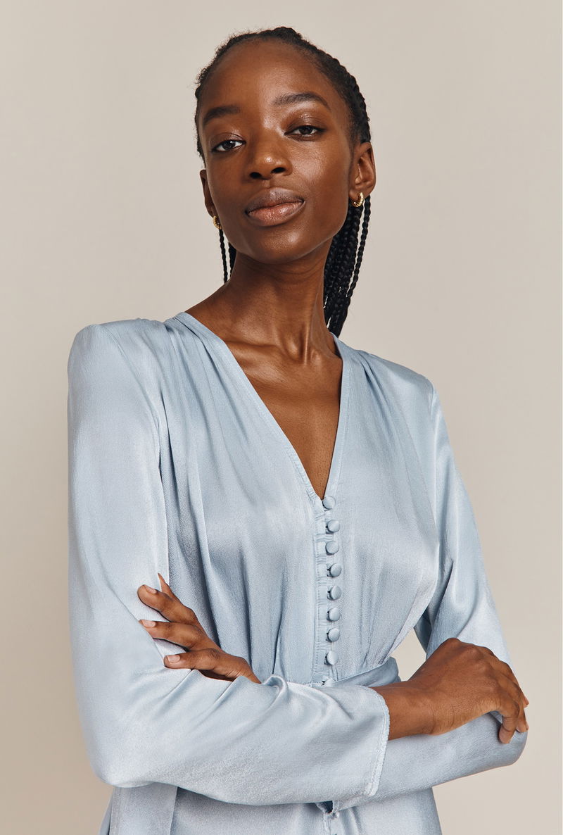 ghost meryl dress blue GHOST Meryl Satin Midi Dress