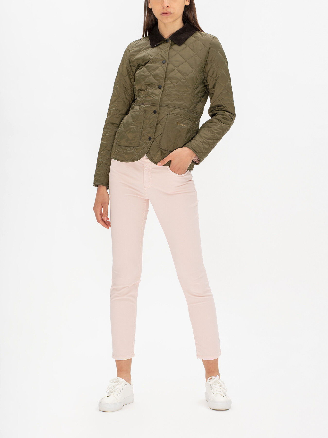 Barbour Deveron Quilted Jacket in Olive/Pale Pink Endource
