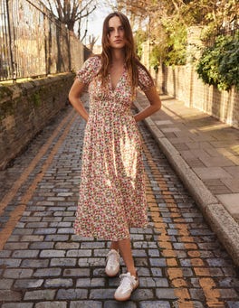 knee length dresses for ladies Boden Cassie Devore Long Sleeve Midi Dress in Pink Peony Dainty Medley at Nordstrom, Size 8