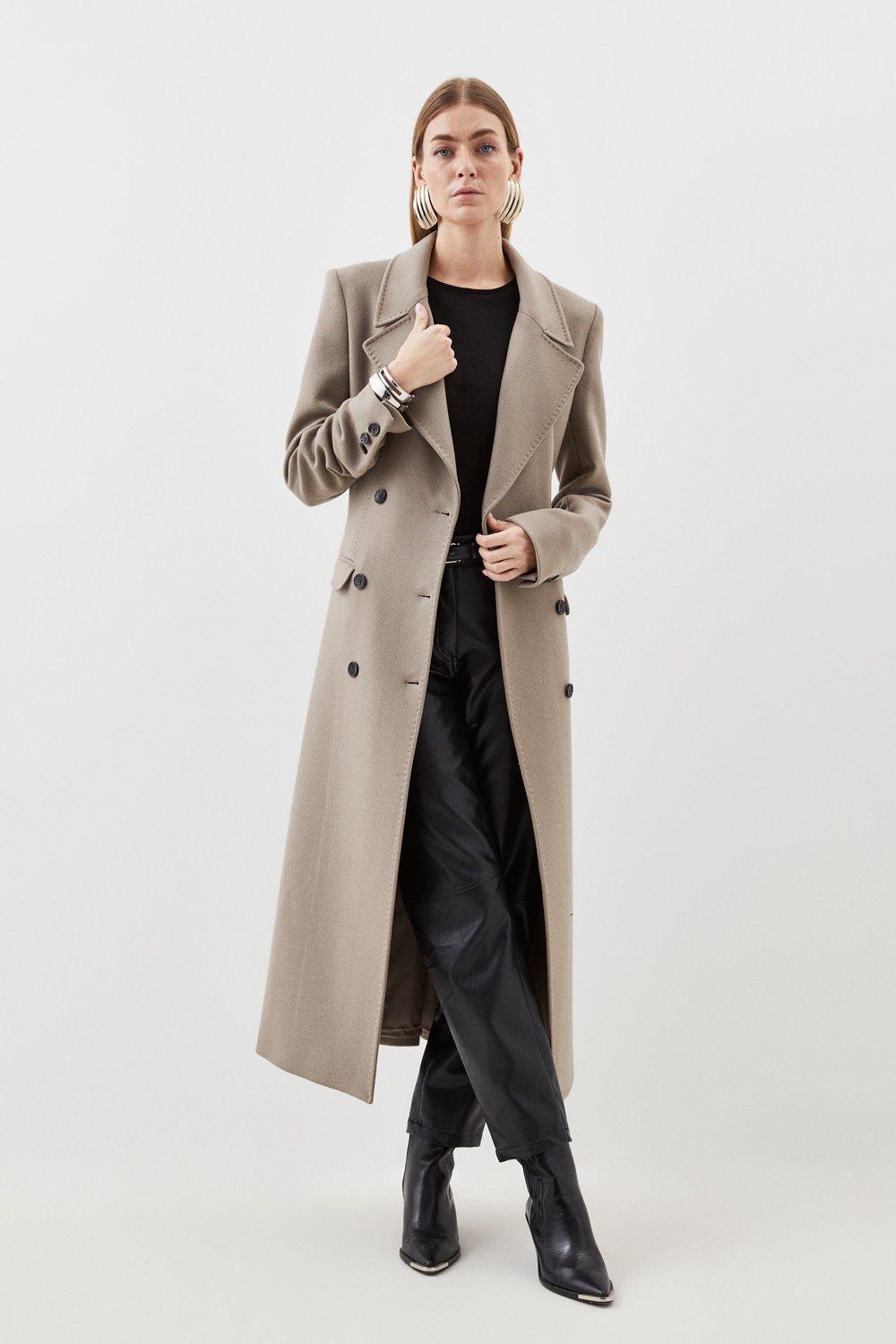KAREN MILLEN Italian Wool Double Breasted Longline Coat in Taupe Endource